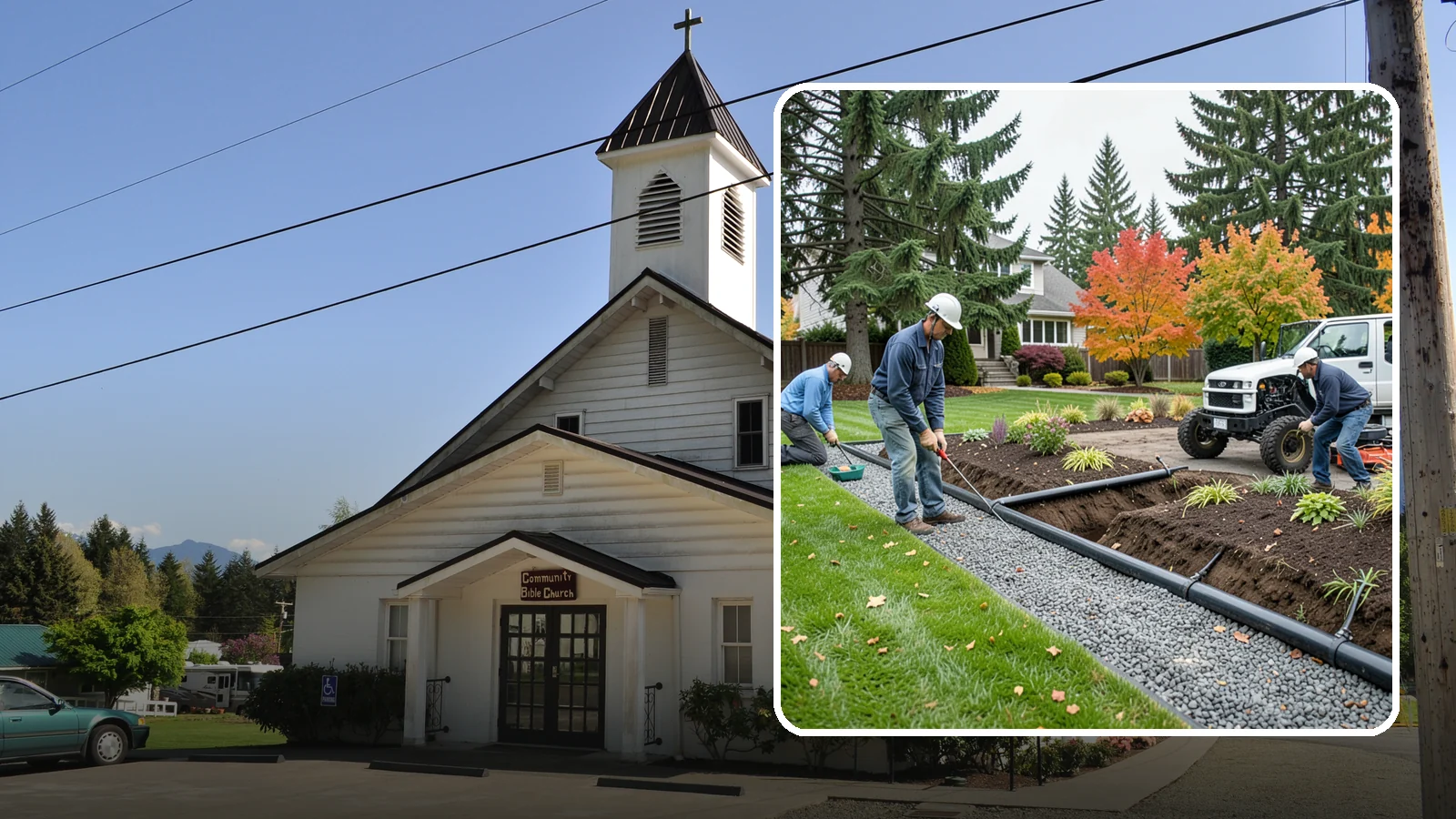 French Drain Installation in Concrete, Skagit County, WA - Gravel-and-pipe French drains that collect and carry subsurface water away from wet, soggy areas.