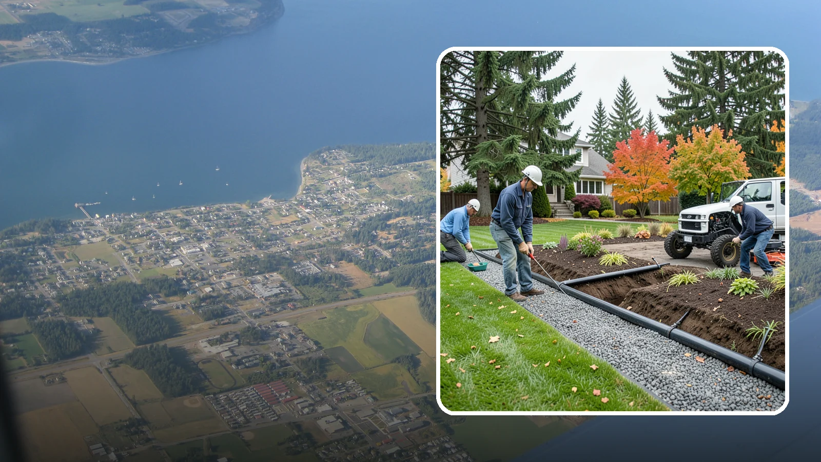 French Drain Installation in Coupeville, Island County, WA - Gravel-and-pipe French drains that collect and carry subsurface water away from wet, soggy areas.