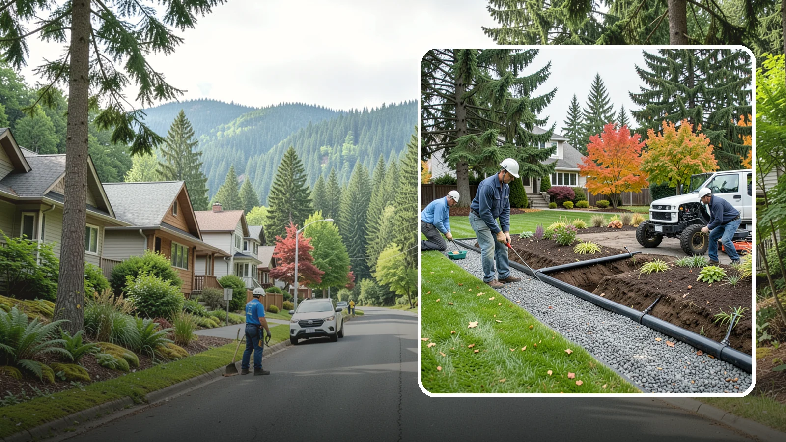French Drain Installation in Darrington, Snohomish County, WA - Gravel-and-pipe French drains that collect and carry subsurface water away from wet, soggy areas.