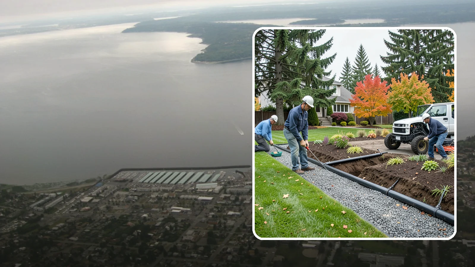 French Drain Installation in Des Moines, King County, WA - Gravel-and-pipe French drains that collect and carry subsurface water away from wet, soggy areas.