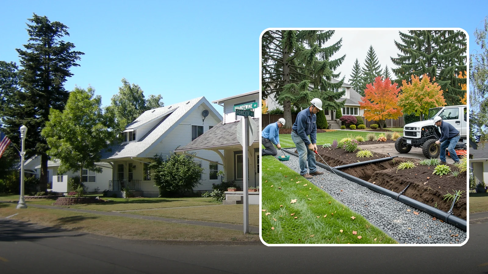 French Drain Installation in DuPont, Pierce County, WA - Gravel-and-pipe French drains that collect and carry subsurface water away from wet, soggy areas.