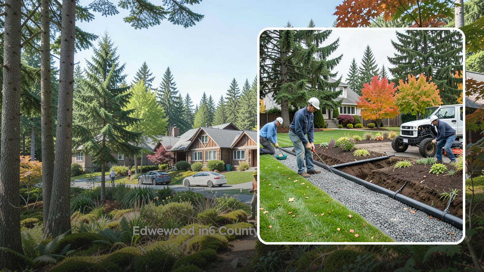 French Drain Installation in Edgewood, Pierce County, WA - Gravel-and-pipe French drains that collect and carry subsurface water away from wet, soggy areas.