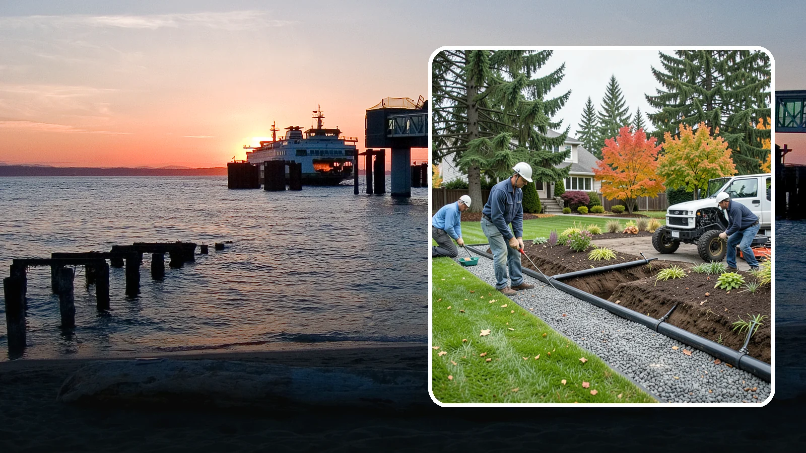 French Drain Installation in Edmonds, Snohomish County, WA - Gravel-and-pipe French drains that collect and carry subsurface water away from wet, soggy areas.