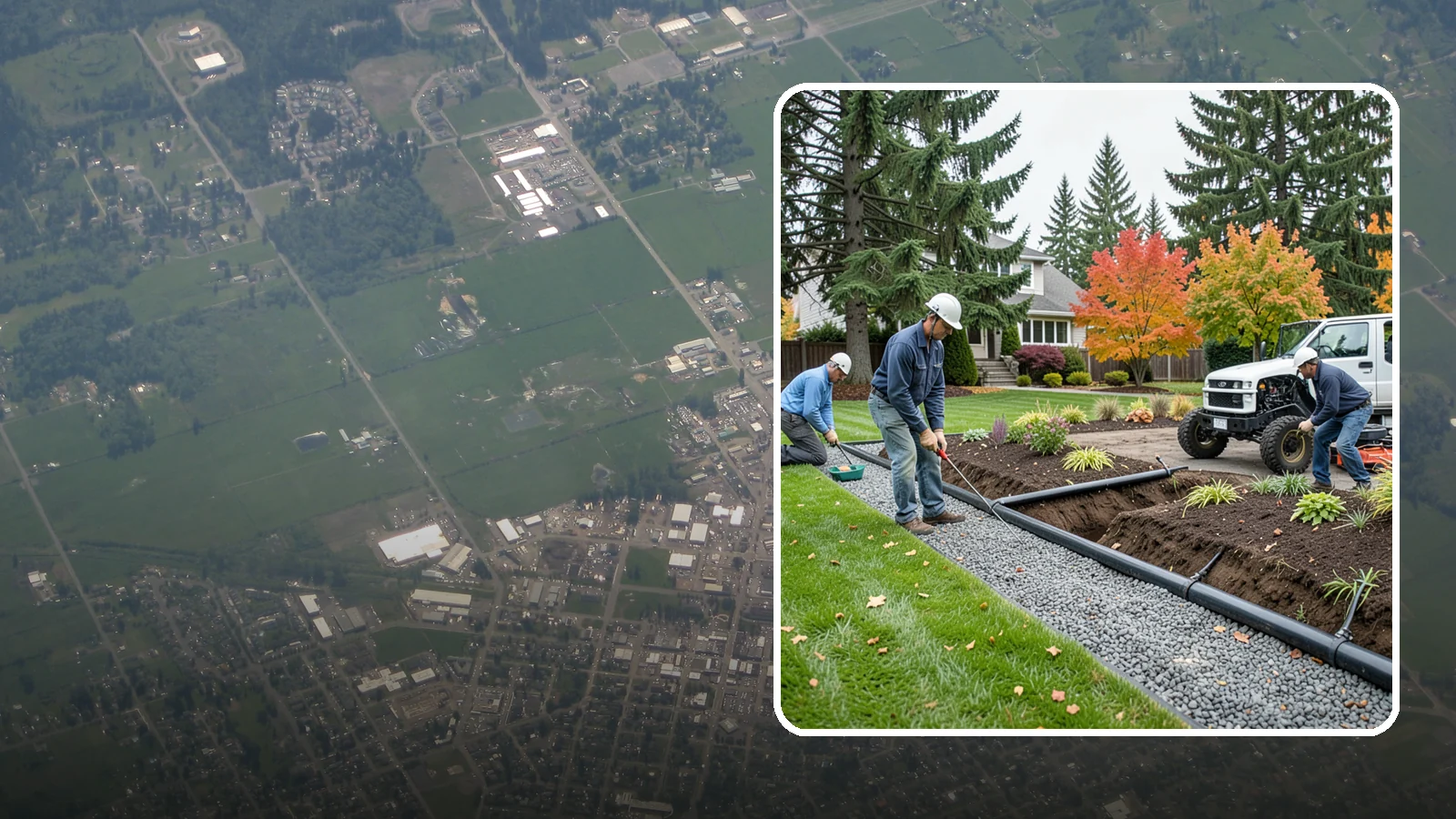 French Drain Installation in Enumclaw, King County, WA - Gravel-and-pipe French drains that collect and carry subsurface water away from wet, soggy areas.