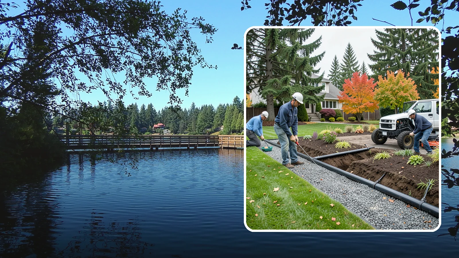 French Drain Installation in Federal Way, King County, WA - Gravel-and-pipe French drains that collect and carry subsurface water away from wet, soggy areas.