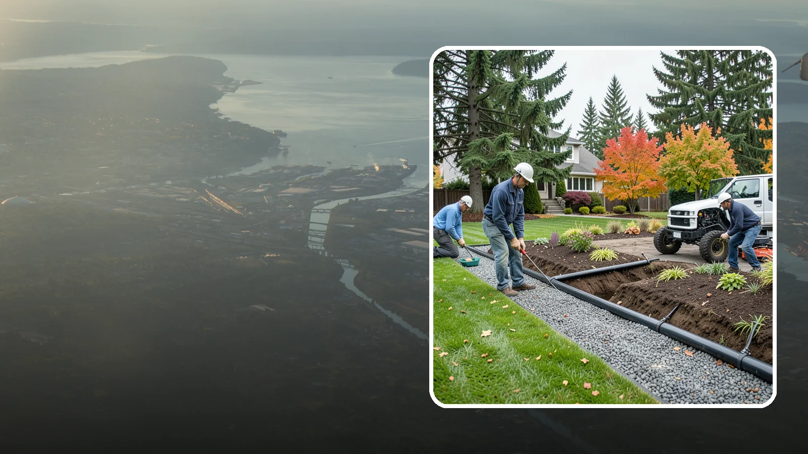 French Drain Installation in Fife, Pierce County, WA - Gravel-and-pipe French drains that collect and carry subsurface water away from wet, soggy areas.
