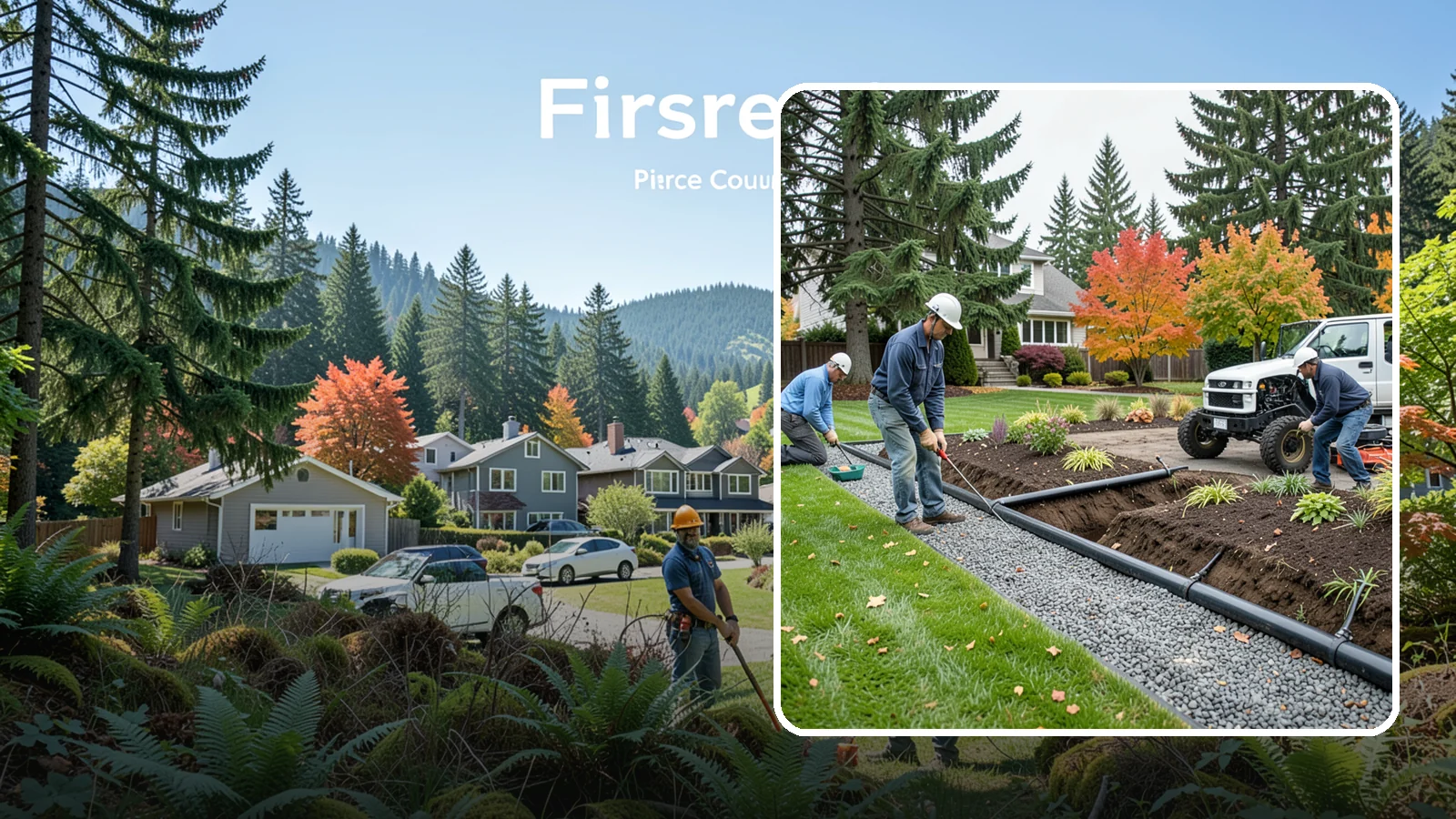 French Drain Installation in Fircrest, Pierce County, WA - Gravel-and-pipe French drains that collect and carry subsurface water away from wet, soggy areas.