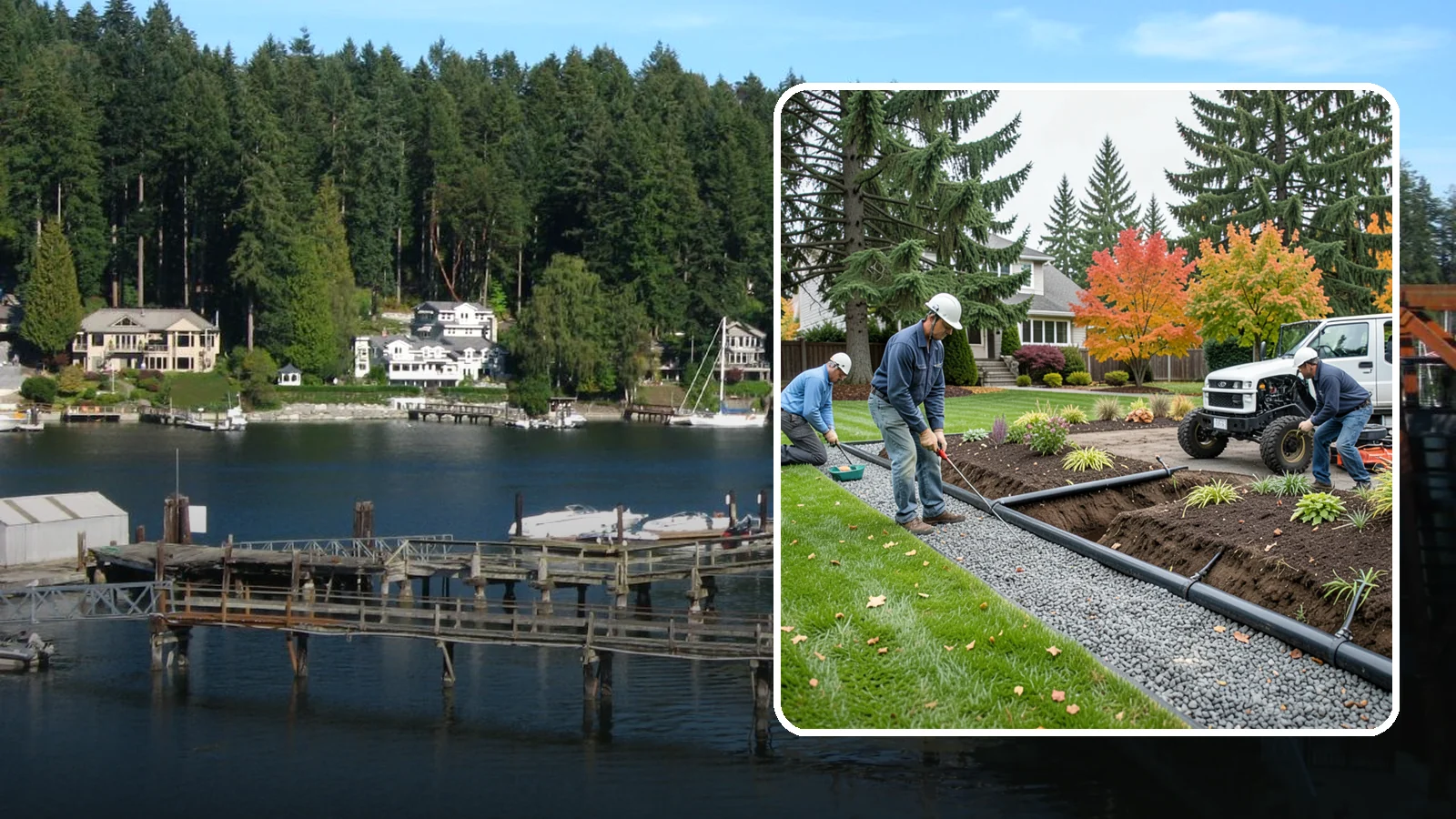 French Drain Installation in Gig Harbor, Pierce County, WA - Gravel-and-pipe French drains that collect and carry subsurface water away from wet, soggy areas.