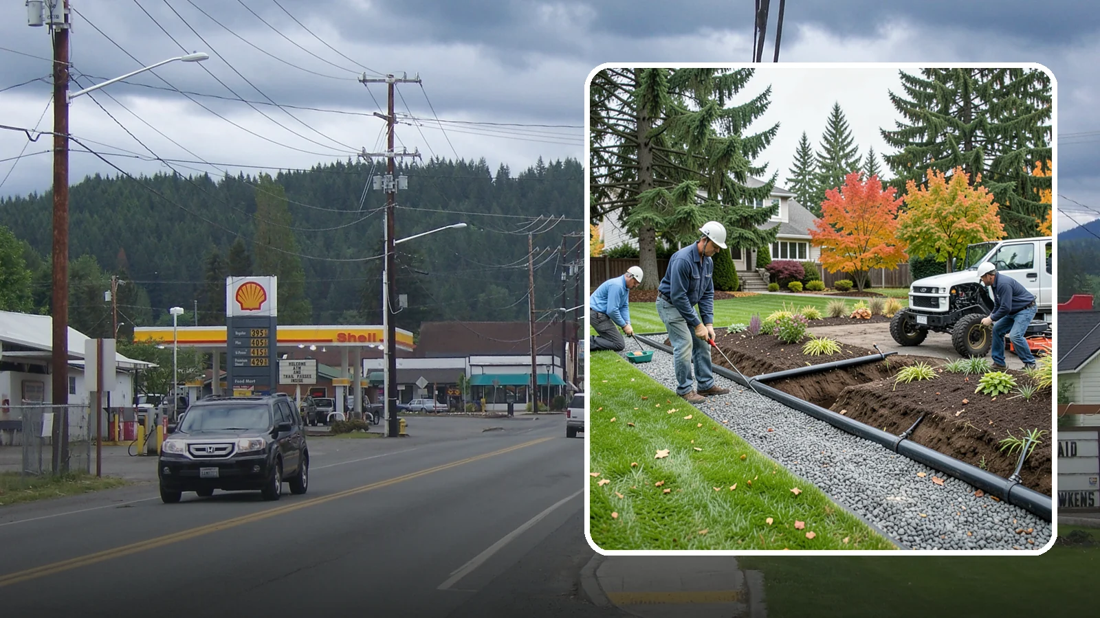 French Drain Installation in Granite Falls, Snohomish County, WA - Gravel-and-pipe French drains that collect and carry subsurface water away from wet, soggy areas.