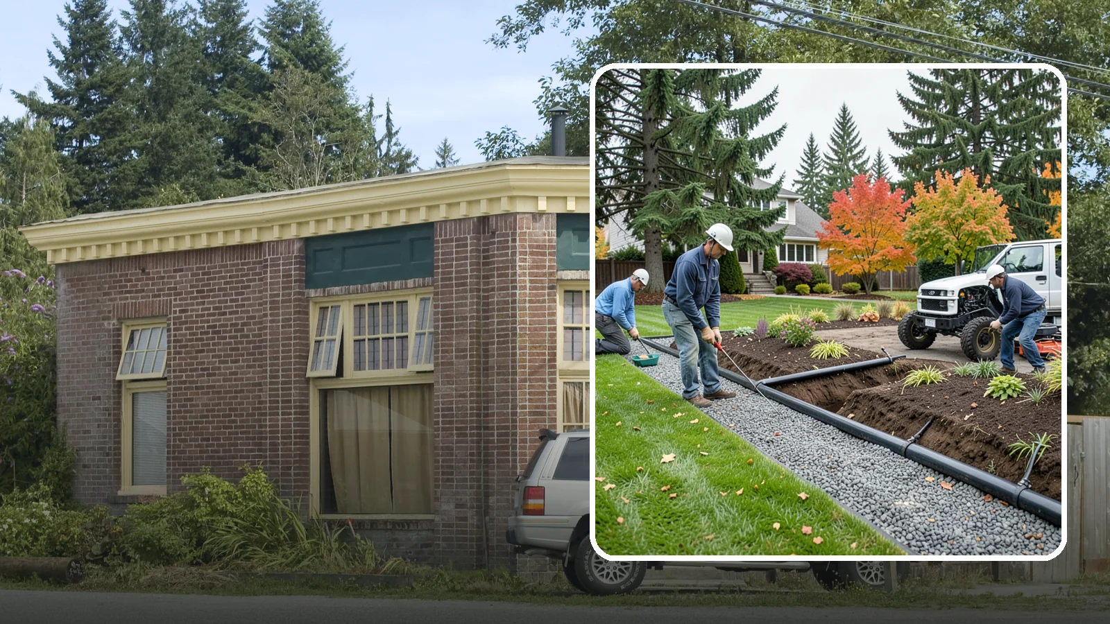 French Drain Installation in Hamilton, Skagit County, WA - Gravel-and-pipe French drains that collect and carry subsurface water away from wet, soggy areas.
