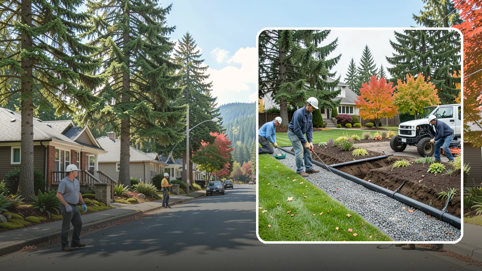 French Drain Installation in Hunts Point, King County, WA - Gravel-and-pipe French drains that collect and carry subsurface water away from wet, soggy areas.