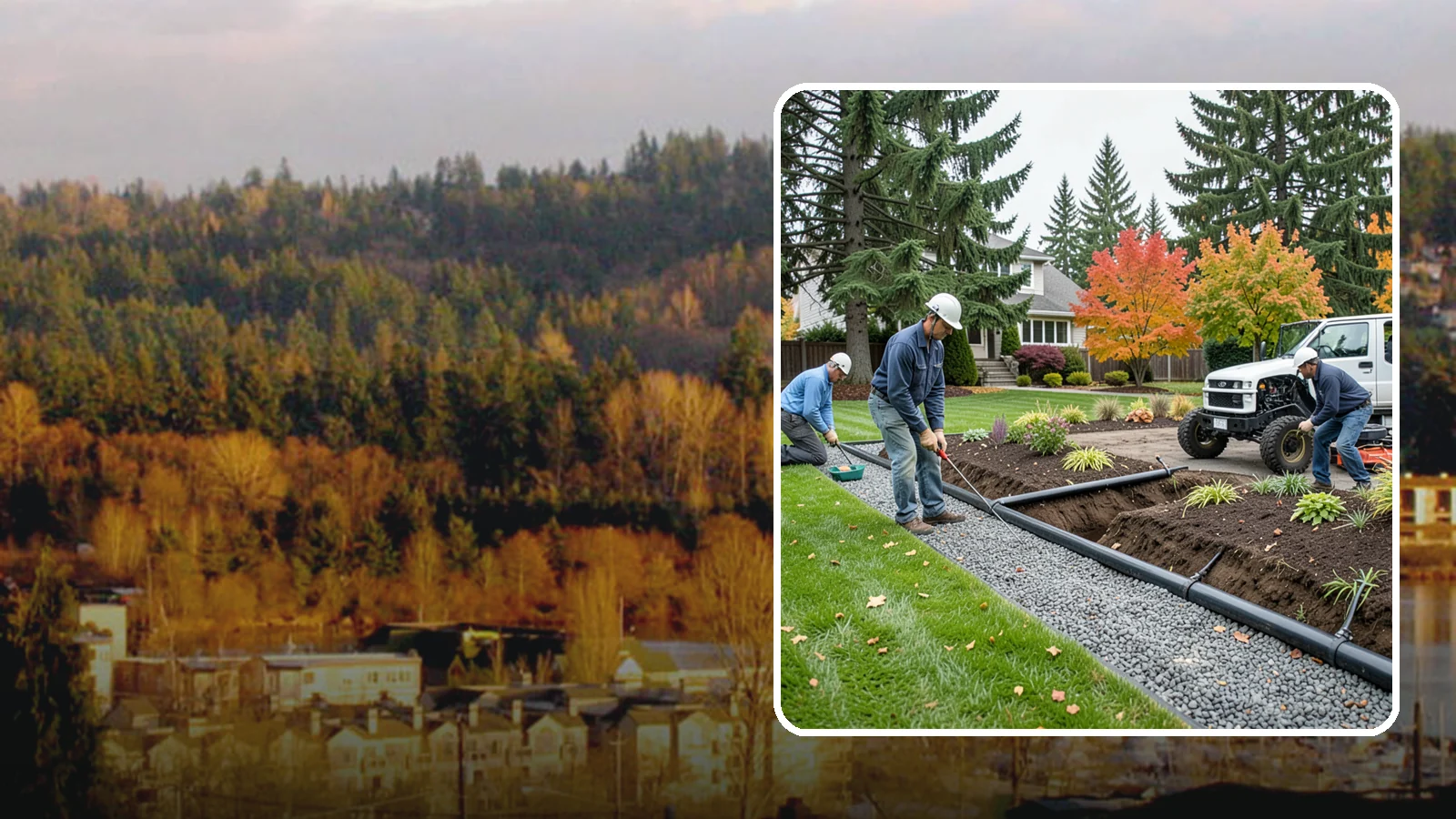 French Drain Installation in Kenmore, King County, WA - Gravel-and-pipe French drains that collect and carry subsurface water away from wet, soggy areas.
