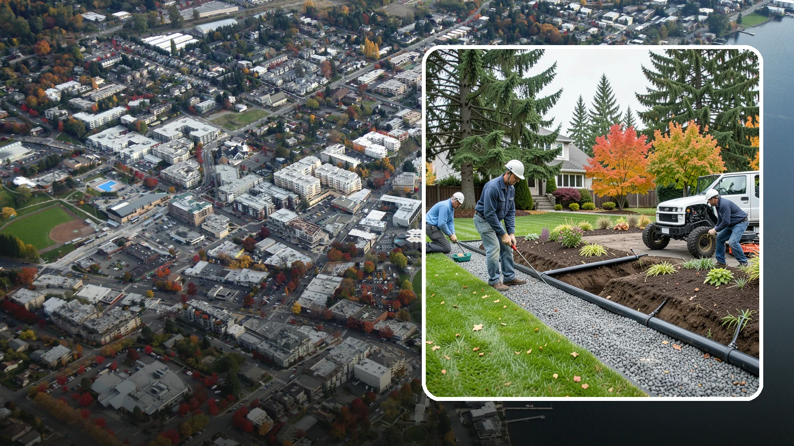 French Drain Installation in Kirkland, King County, WA - Gravel-and-pipe French drains that collect and carry subsurface water away from wet, soggy areas.