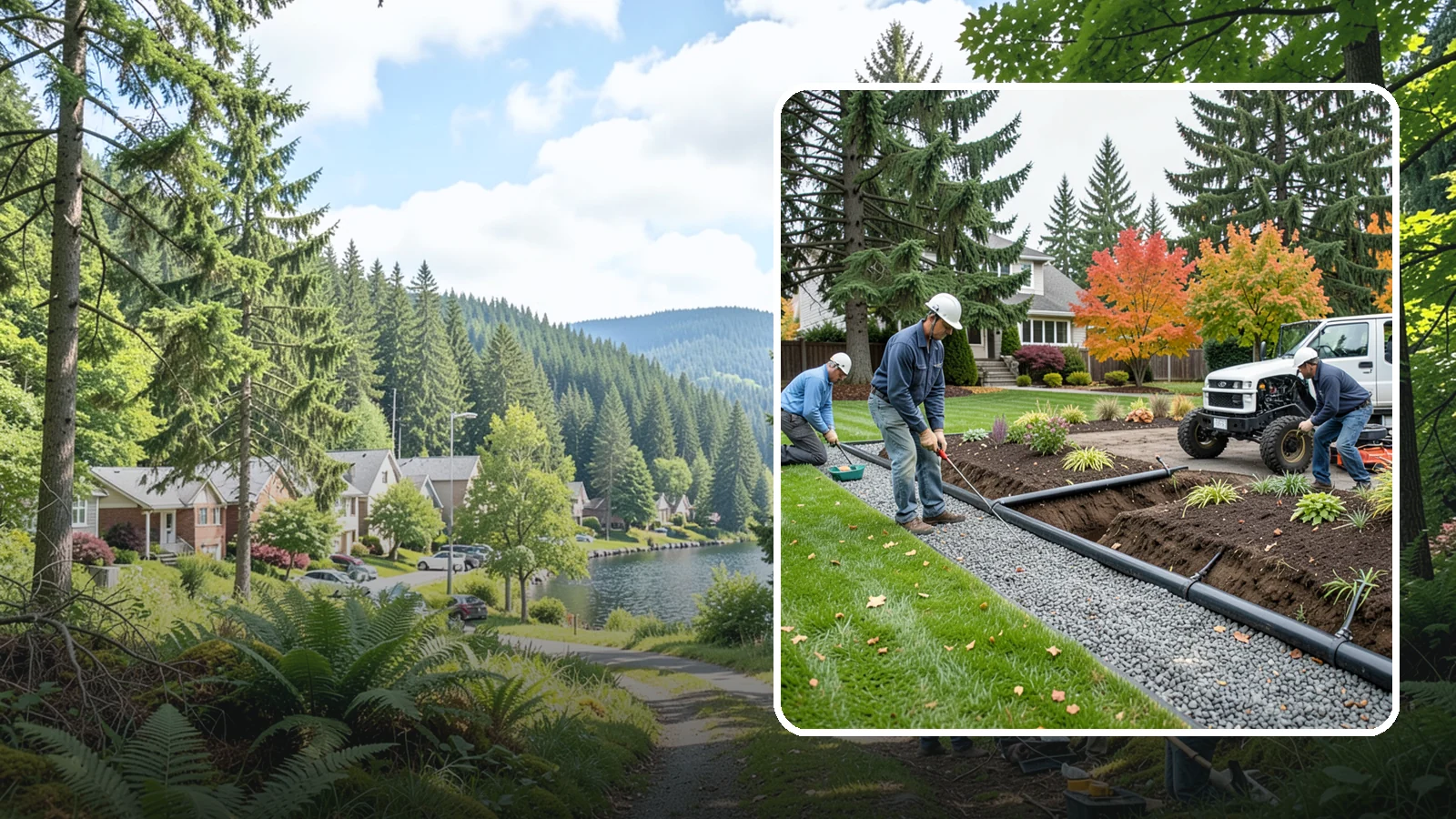 French Drain Installation in Lake Forest Park, King County, WA - Gravel-and-pipe French drains that collect and carry subsurface water away from wet, soggy areas.