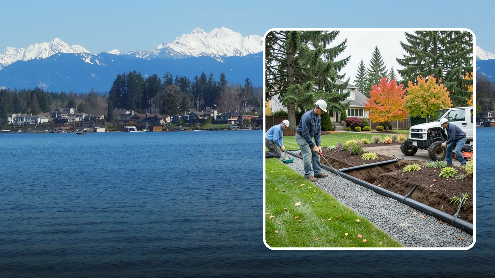 French Drain Installation in Lake Stevens, Snohomish County, WA - Gravel-and-pipe French drains that collect and carry subsurface water away from wet, soggy areas.