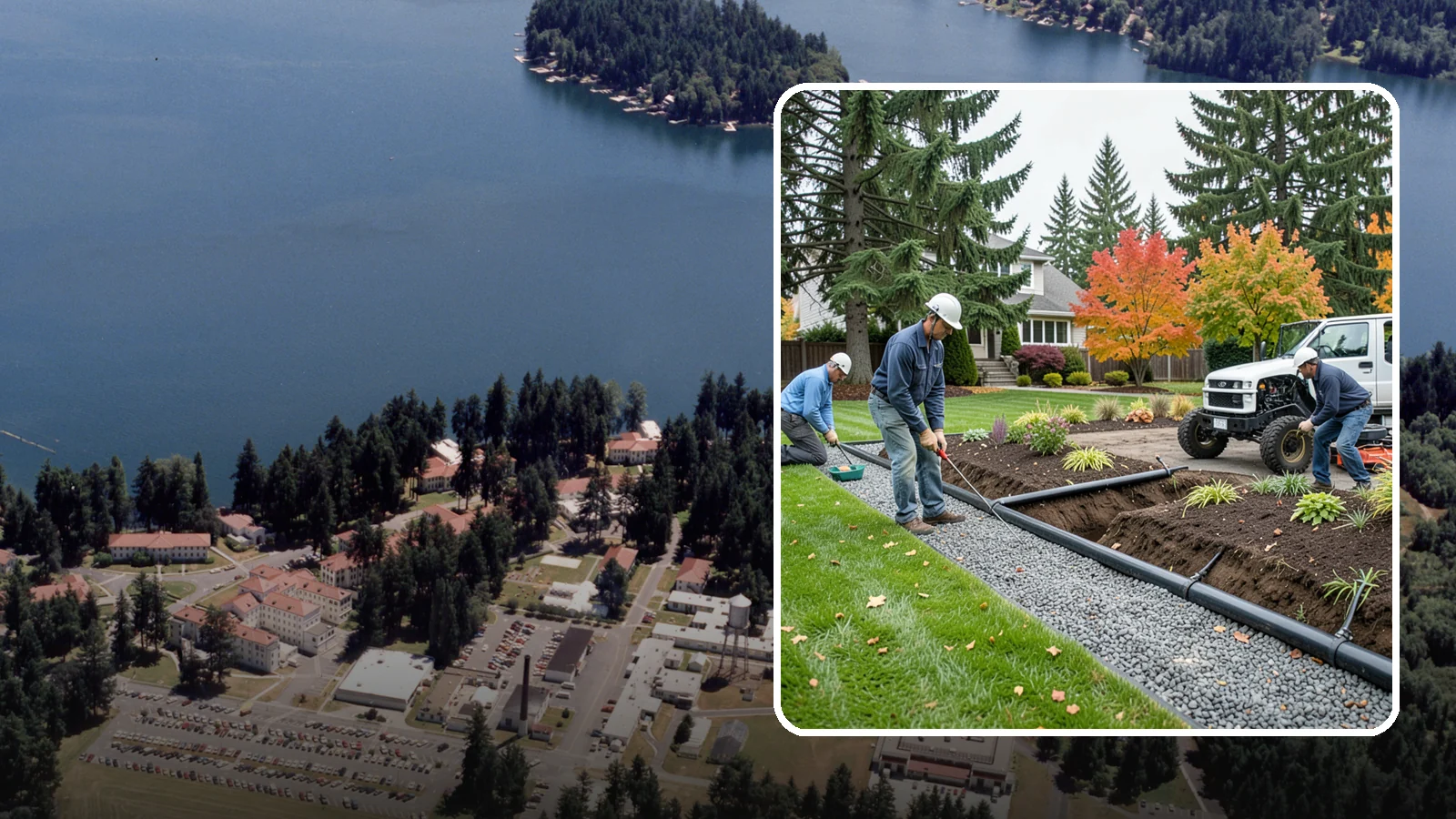 French Drain Installation in Lakewood, Pierce County, WA - Gravel-and-pipe French drains that collect and carry subsurface water away from wet, soggy areas.