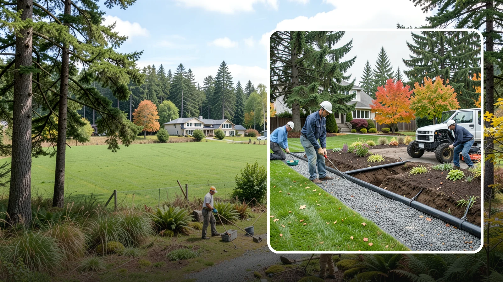 French Drain Installation in Lyman, Skagit County, WA - Gravel-and-pipe French drains that collect and carry subsurface water away from wet, soggy areas.