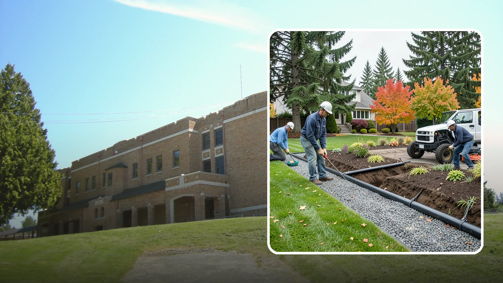 French Drain Installation in Maple Valley, King County, WA - Gravel-and-pipe French drains that collect and carry subsurface water away from wet, soggy areas.