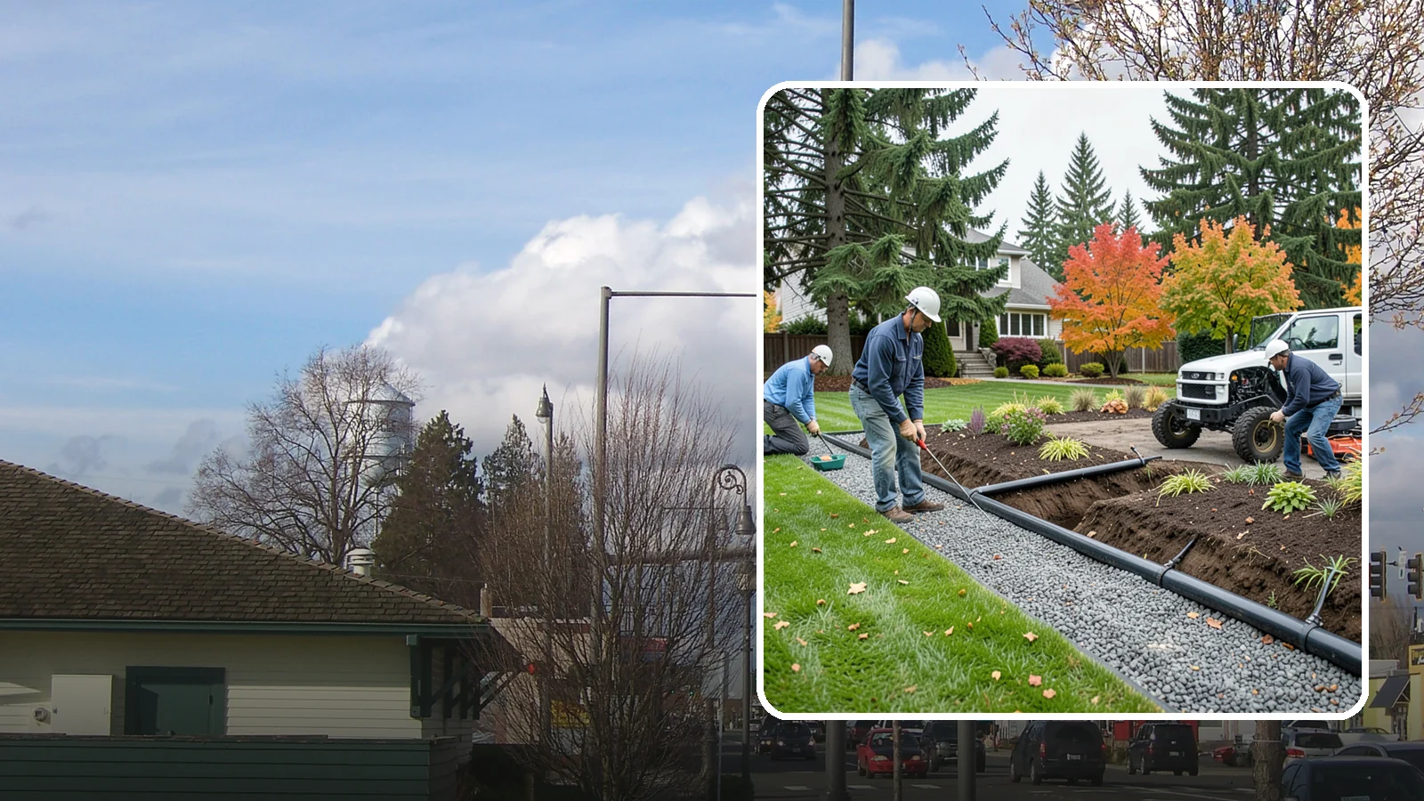 French Drain Installation in Marysville, Snohomish County, WA - Gravel-and-pipe French drains that collect and carry subsurface water away from wet, soggy areas.