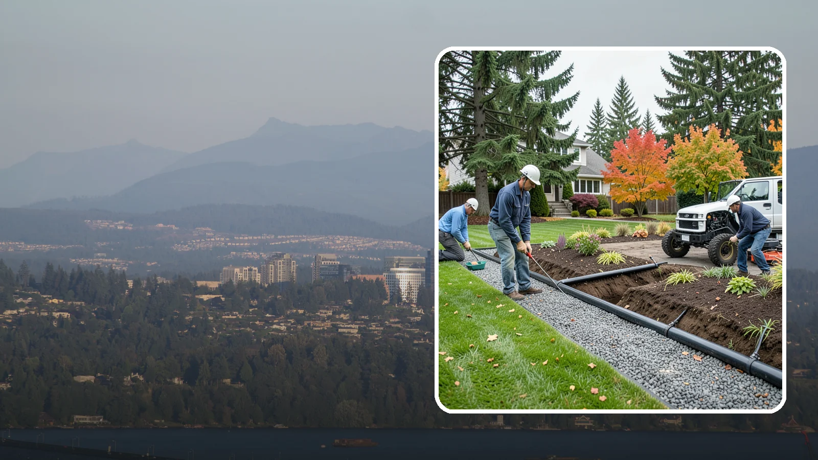 French Drain Installation in Medina, King County, WA - Gravel-and-pipe French drains that collect and carry subsurface water away from wet, soggy areas.