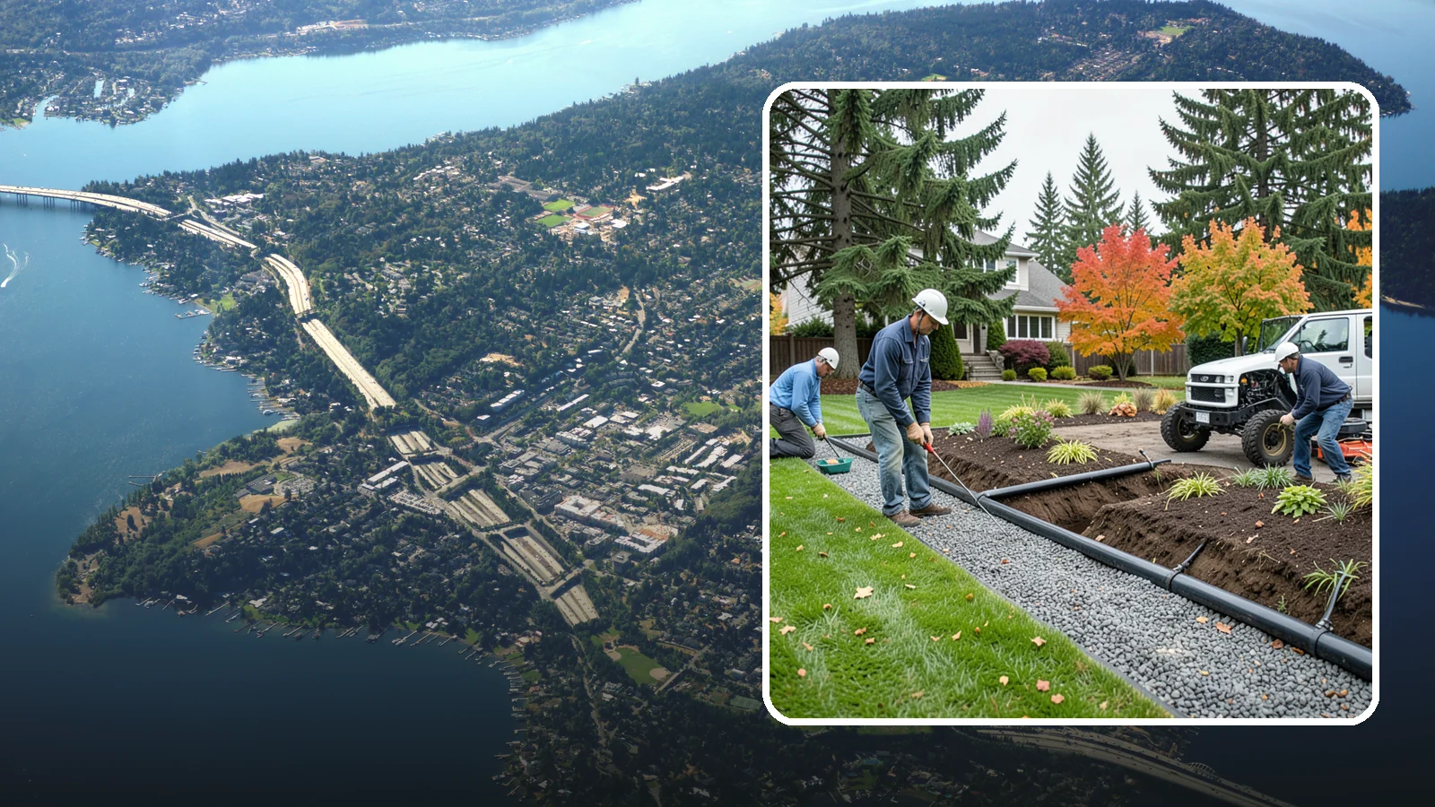 French Drain Installation in Mercer Island, King County, WA - Gravel-and-pipe French drains that collect and carry subsurface water away from wet, soggy areas.