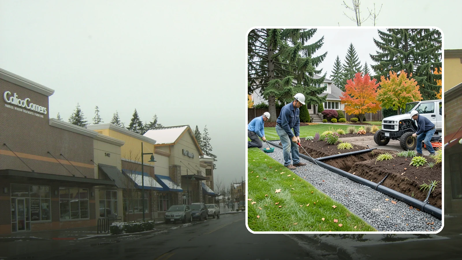 French Drain Installation in Mill Creek, Snohomish County, WA - Gravel-and-pipe French drains that collect and carry subsurface water away from wet, soggy areas.