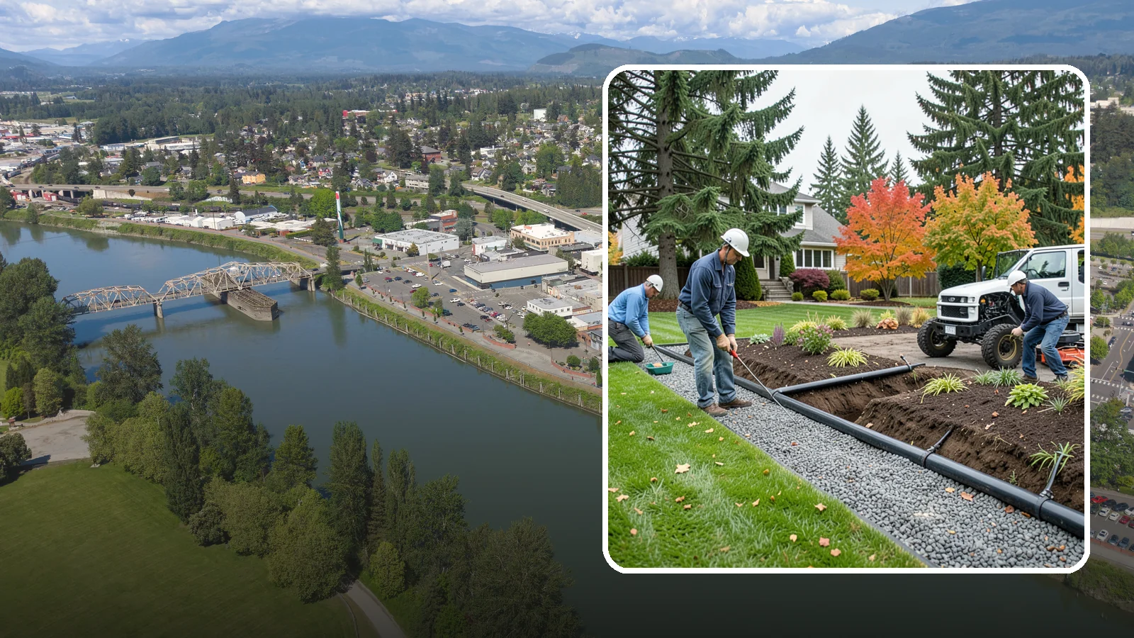 French Drain Installation in Mount Vernon, Skagit County, WA - Gravel-and-pipe French drains that collect and carry subsurface water away from wet, soggy areas.