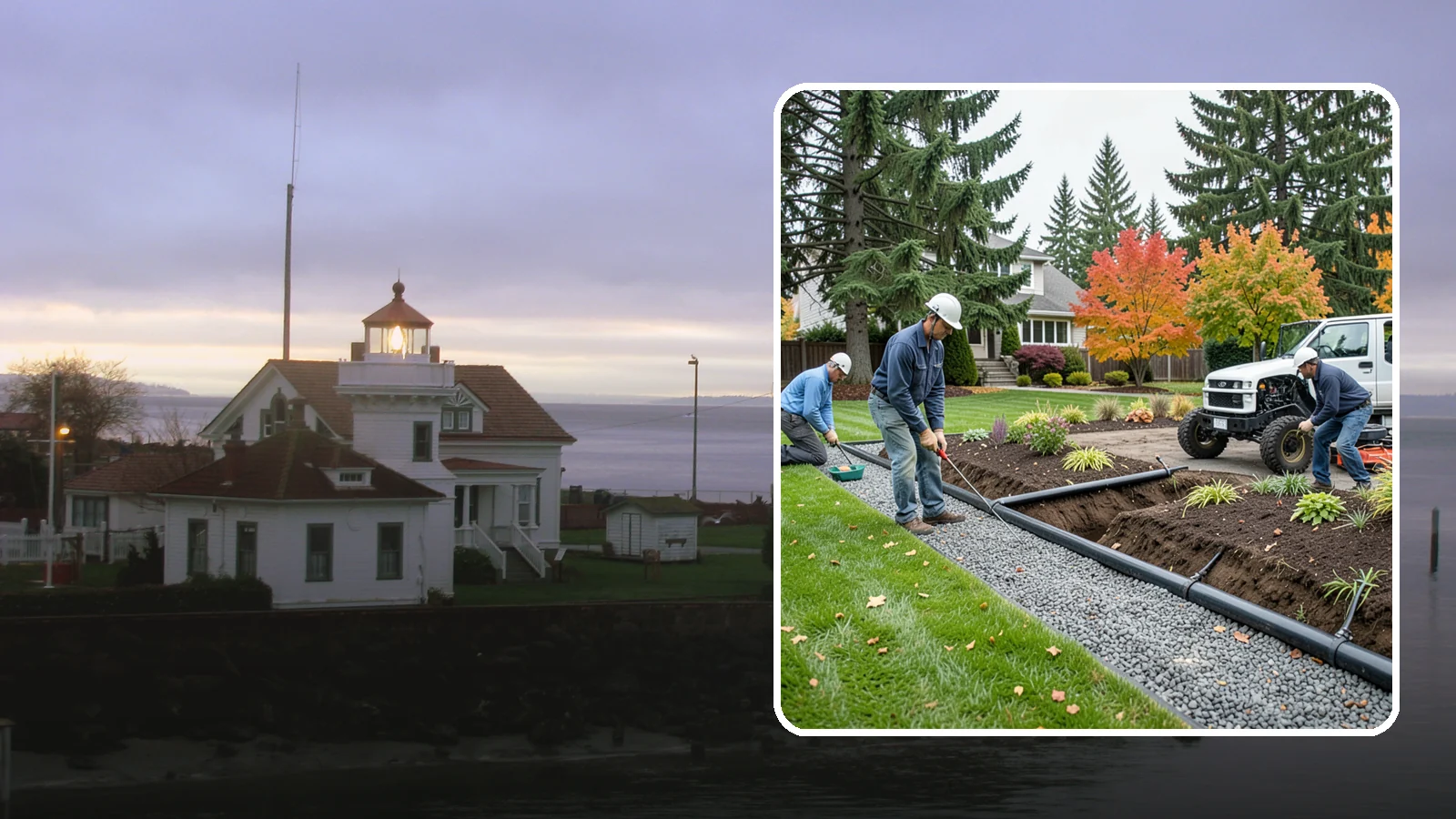 French Drain Installation in Mukilteo, Snohomish County, WA - Gravel-and-pipe French drains that collect and carry subsurface water away from wet, soggy areas.