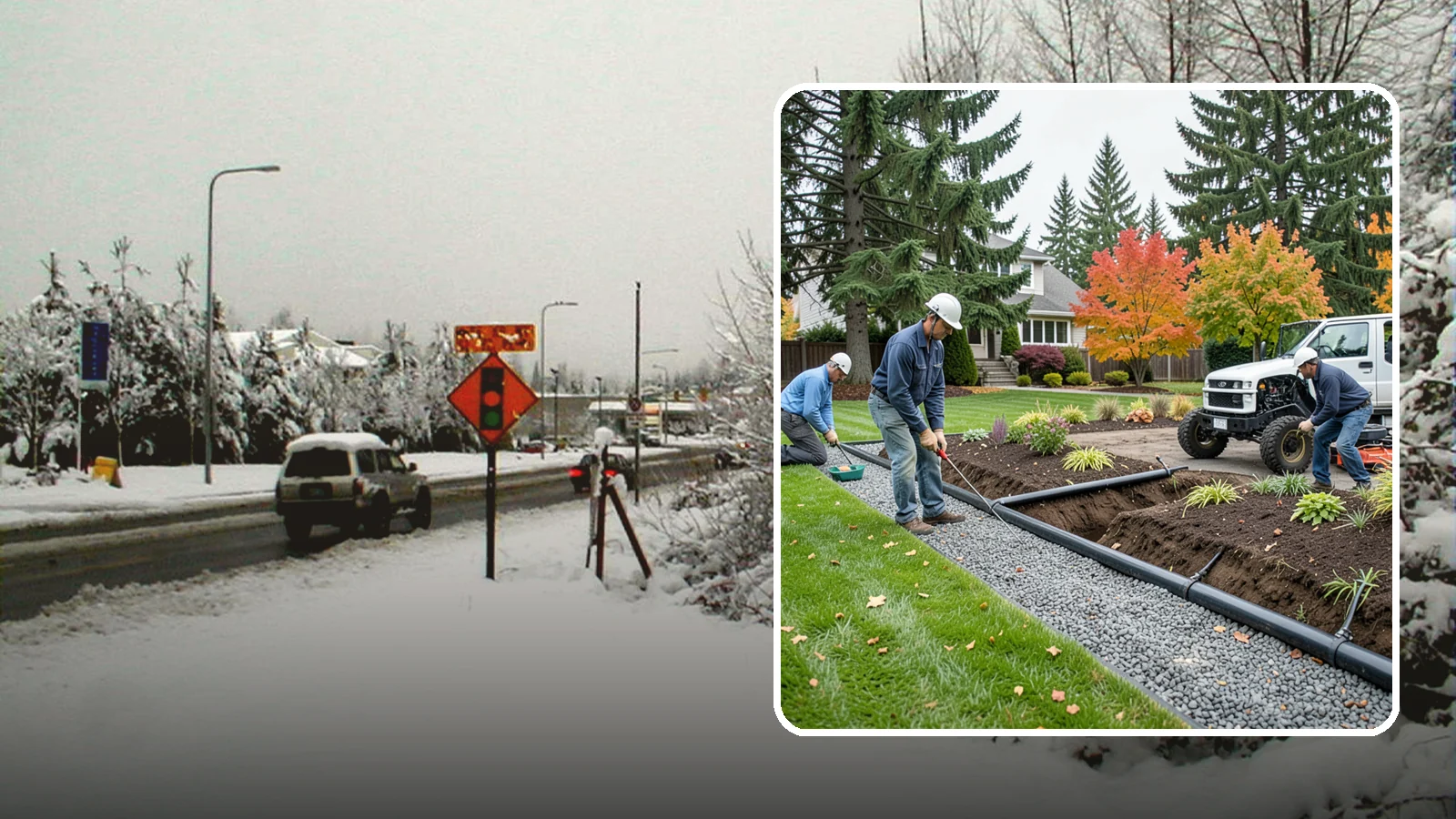 French Drain Installation in Newcastle, King County, WA - Gravel-and-pipe French drains that collect and carry subsurface water away from wet, soggy areas.