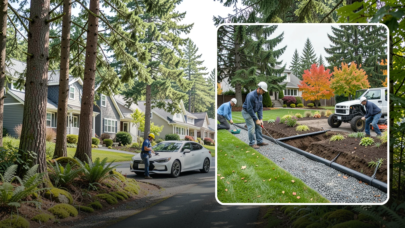 French Drain Installation in Normandy Park, King County, WA - Gravel-and-pipe French drains that collect and carry subsurface water away from wet, soggy areas.