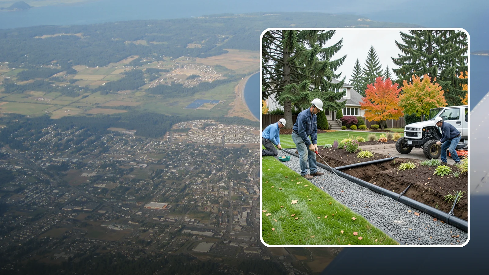 French Drain Installation in Oak Harbor, Island County, WA - Gravel-and-pipe French drains that collect and carry subsurface water away from wet, soggy areas.
