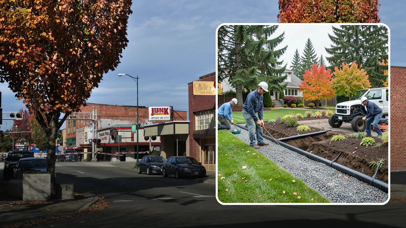 French Drain Installation in Puyallup, Pierce County, WA - Gravel-and-pipe French drains that collect and carry subsurface water away from wet, soggy areas.