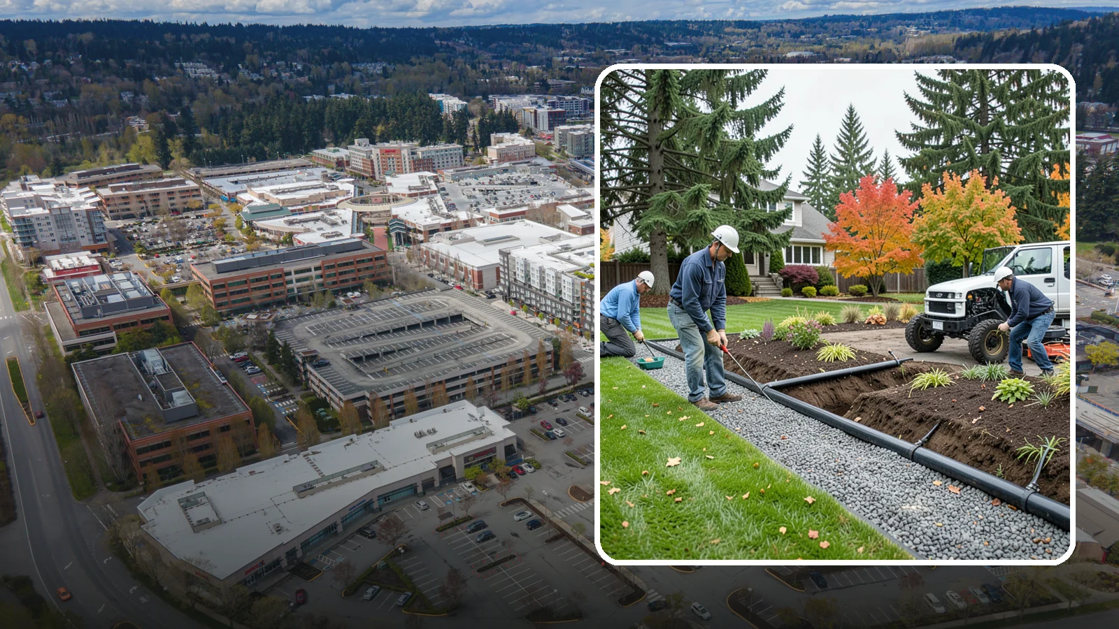 French Drain Installation in Redmond, King County, WA - Gravel-and-pipe French drains that collect and carry subsurface water away from wet, soggy areas.
