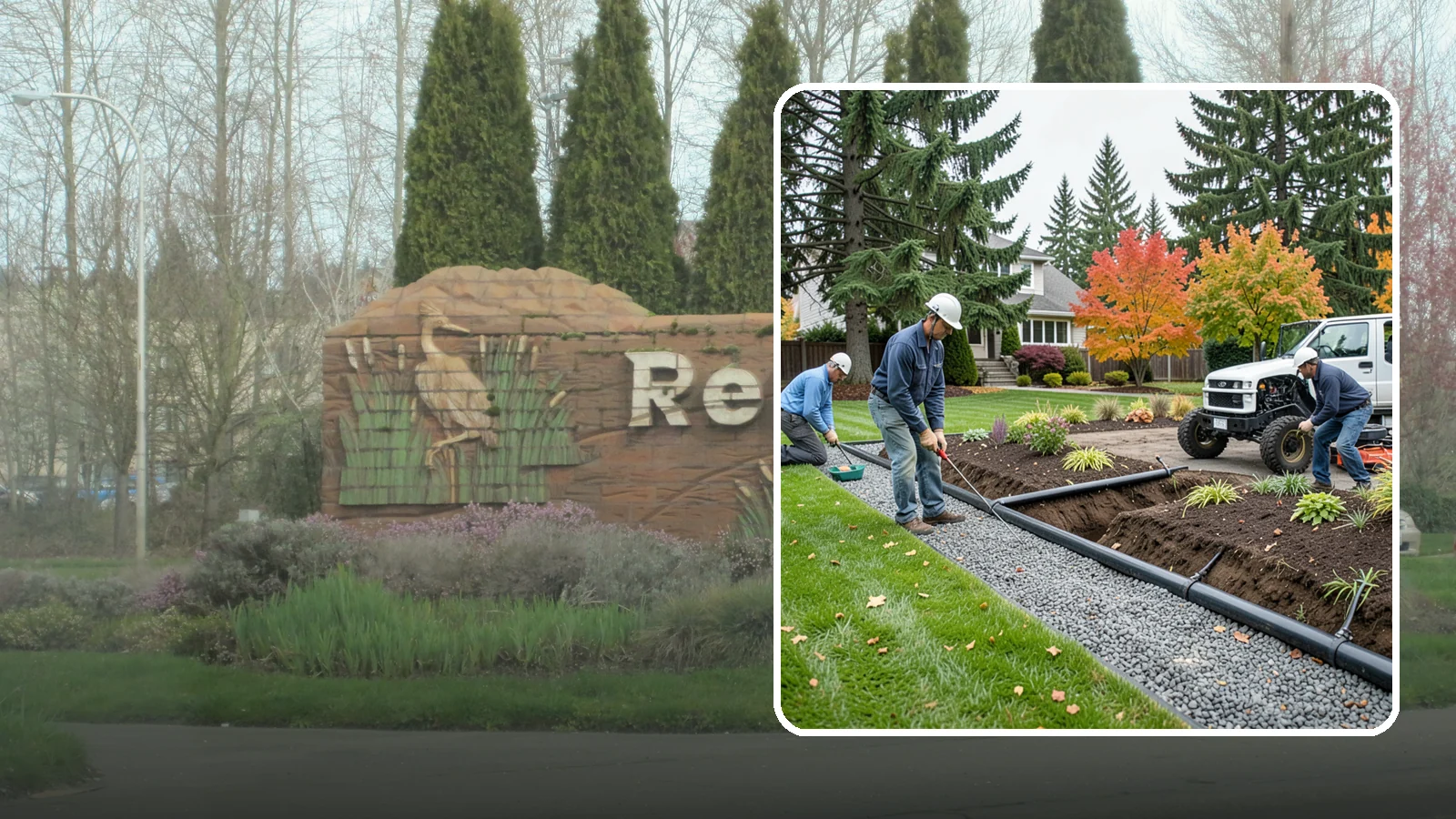 French Drain Installation in Renton, King County, WA - Gravel-and-pipe French drains that collect and carry subsurface water away from wet, soggy areas.