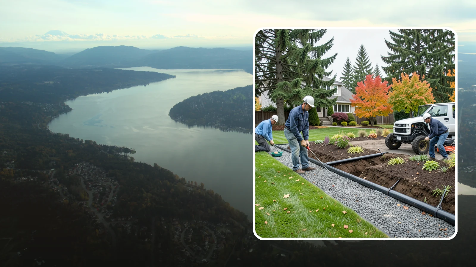 French Drain Installation in Sammamish, King County, WA - Gravel-and-pipe French drains that collect and carry subsurface water away from wet, soggy areas.