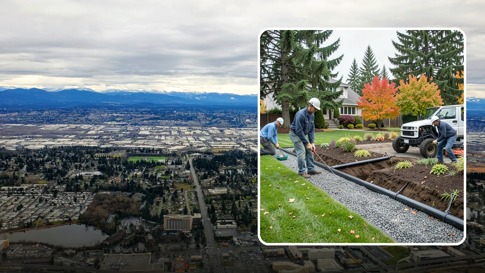 French Drain Installation in SeaTac, King County, WA - Gravel-and-pipe French drains that collect and carry subsurface water away from wet, soggy areas.
