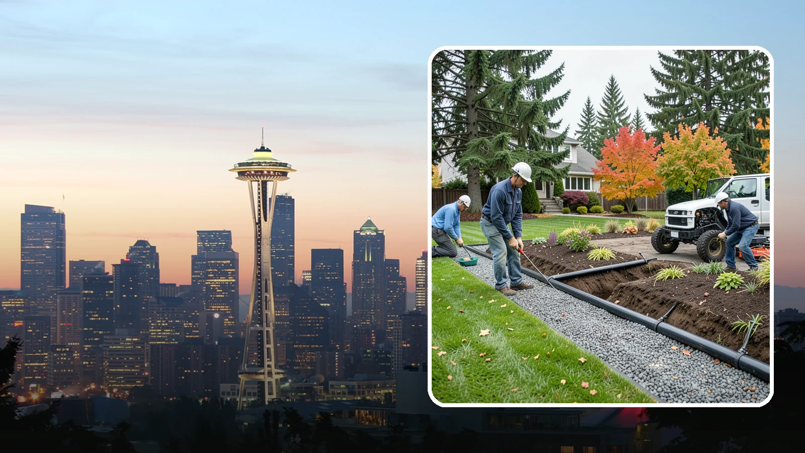 French Drain Installation in Seattle, King County, WA - Gravel-and-pipe French drains that collect and carry subsurface water away from wet, soggy areas.
