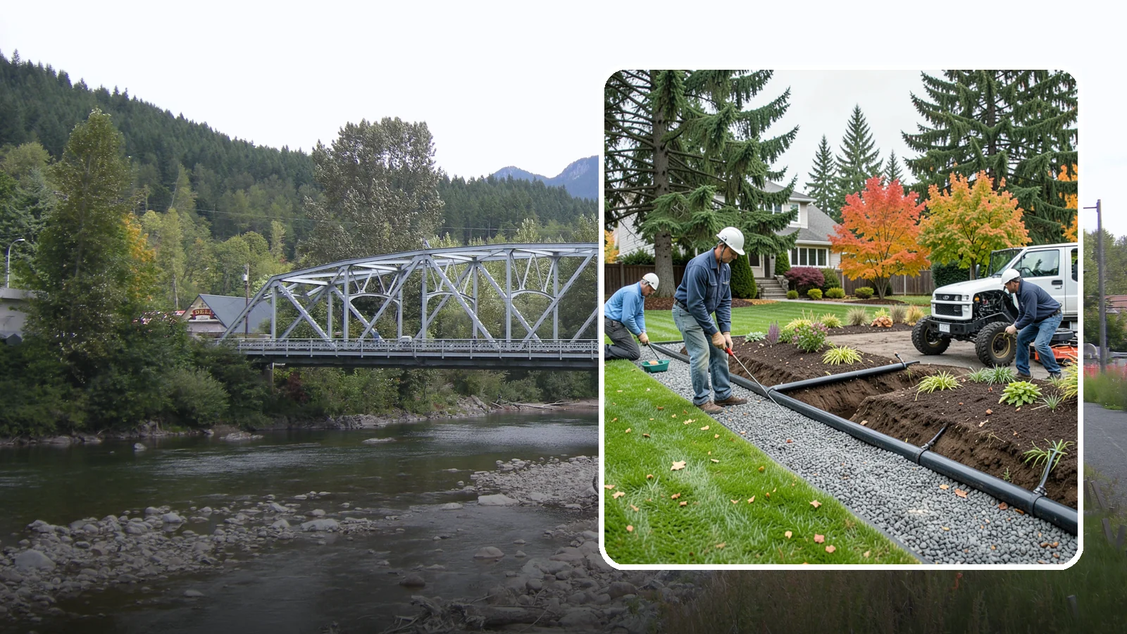 French Drain Installation in Skykomish, King County, WA - Gravel-and-pipe French drains that collect and carry subsurface water away from wet, soggy areas.