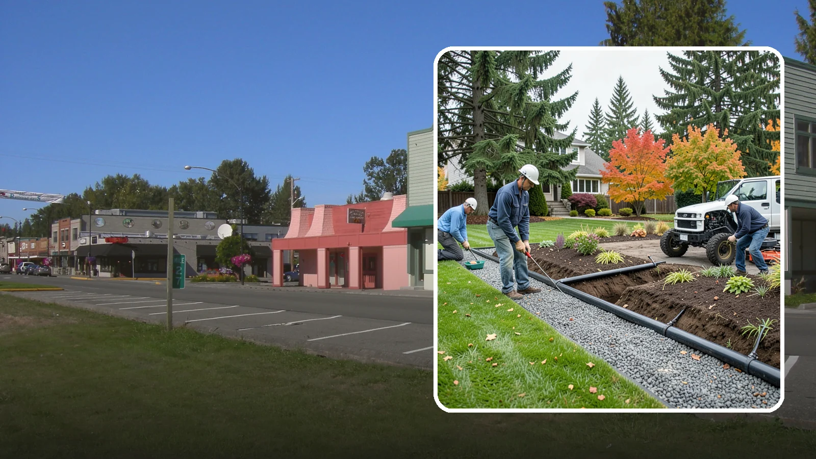 French Drain Installation in Snoqualmie, King County, WA - Gravel-and-pipe French drains that collect and carry subsurface water away from wet, soggy areas.