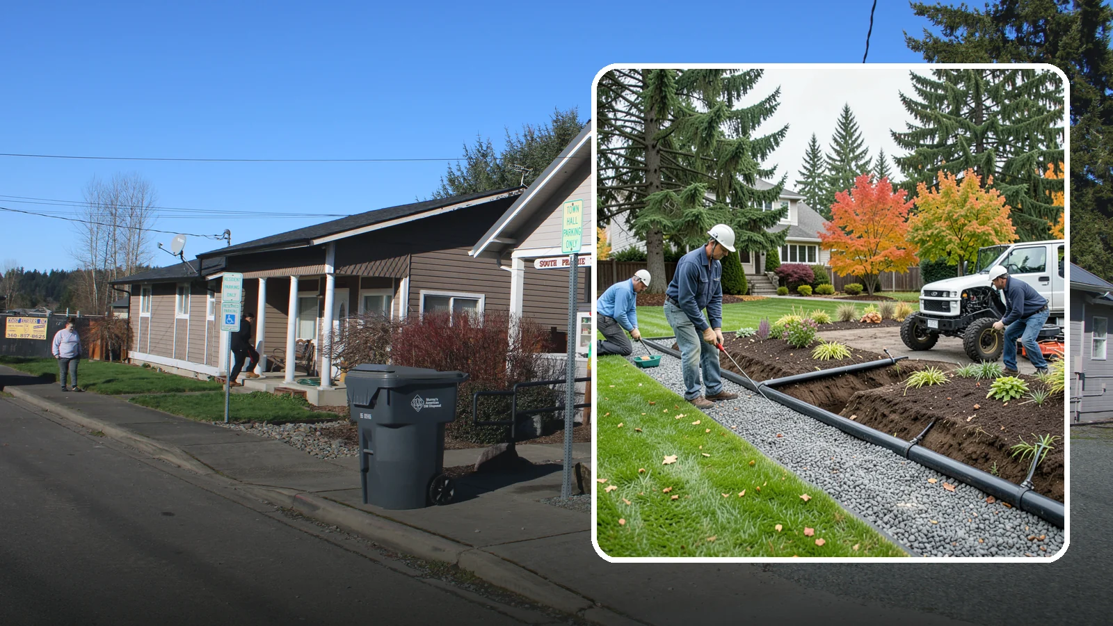 French Drain Installation in South Prairie, Pierce County, WA - Gravel-and-pipe French drains that collect and carry subsurface water away from wet, soggy areas.