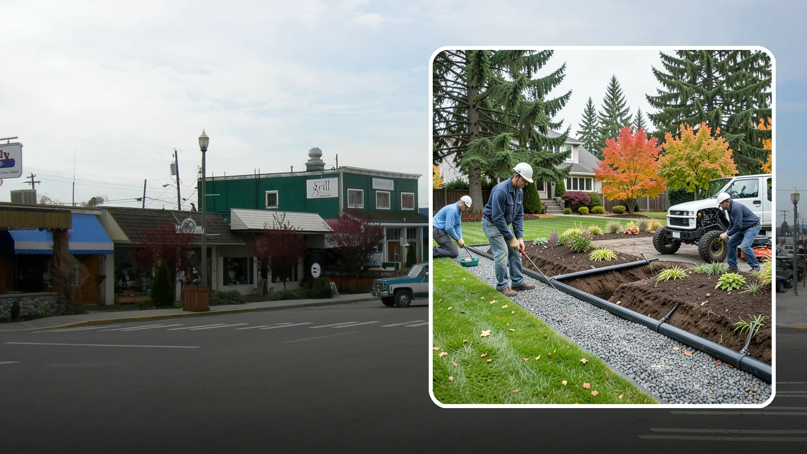 French Drain Installation in Stanwood, Snohomish County, WA - Gravel-and-pipe French drains that collect and carry subsurface water away from wet, soggy areas.
