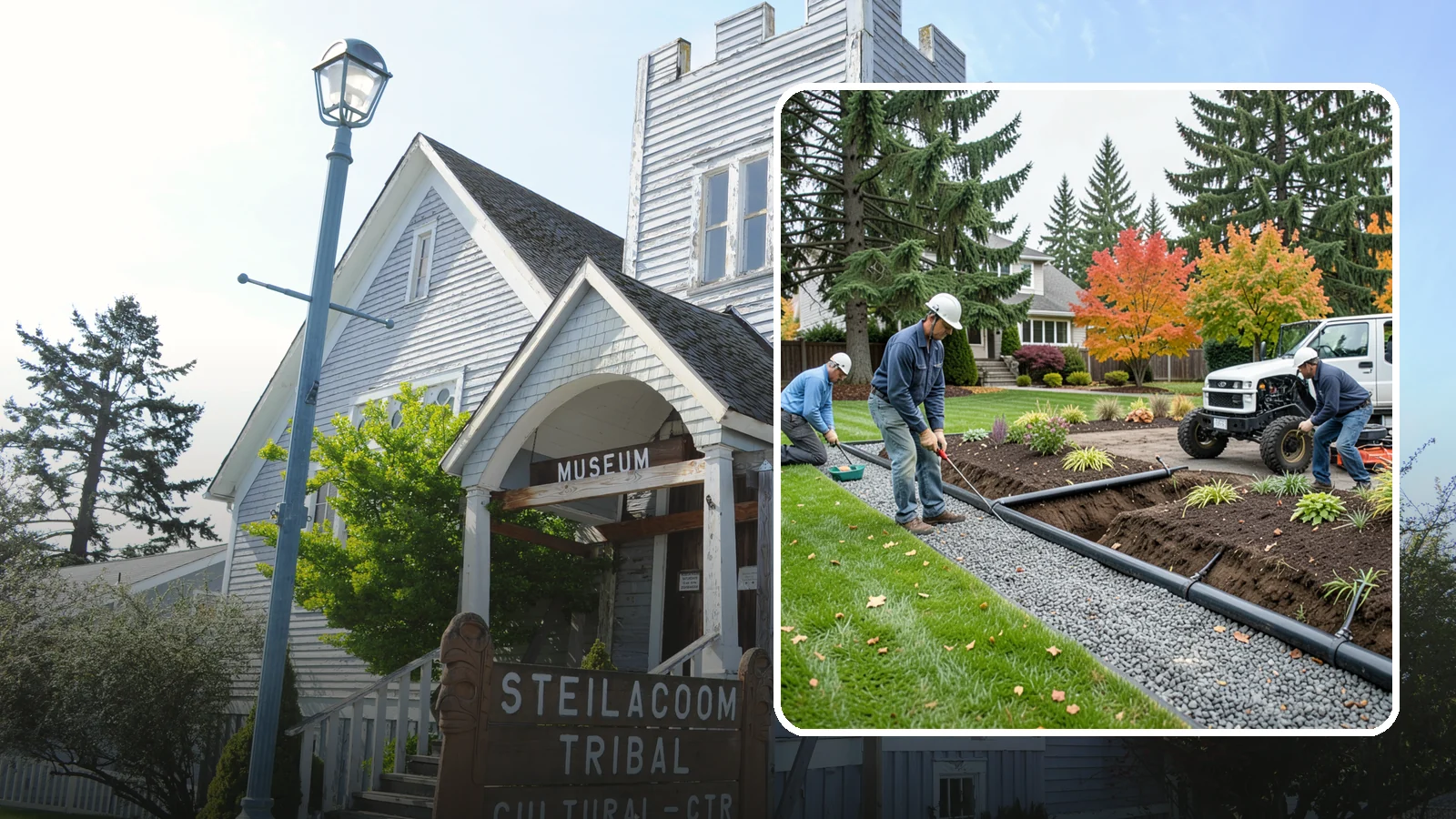 French Drain Installation in Steilacoom, Pierce County, WA - Gravel-and-pipe French drains that collect and carry subsurface water away from wet, soggy areas.