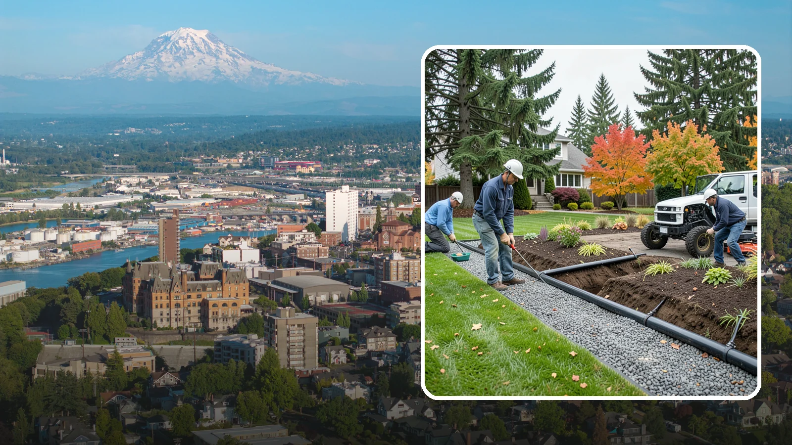 French Drain Installation in Tacoma, Pierce County, WA - Gravel-and-pipe French drains that collect and carry subsurface water away from wet, soggy areas.