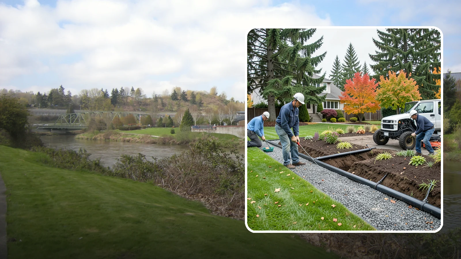 French Drain Installation in Tukwila, King County, WA - Gravel-and-pipe French drains that collect and carry subsurface water away from wet, soggy areas.
