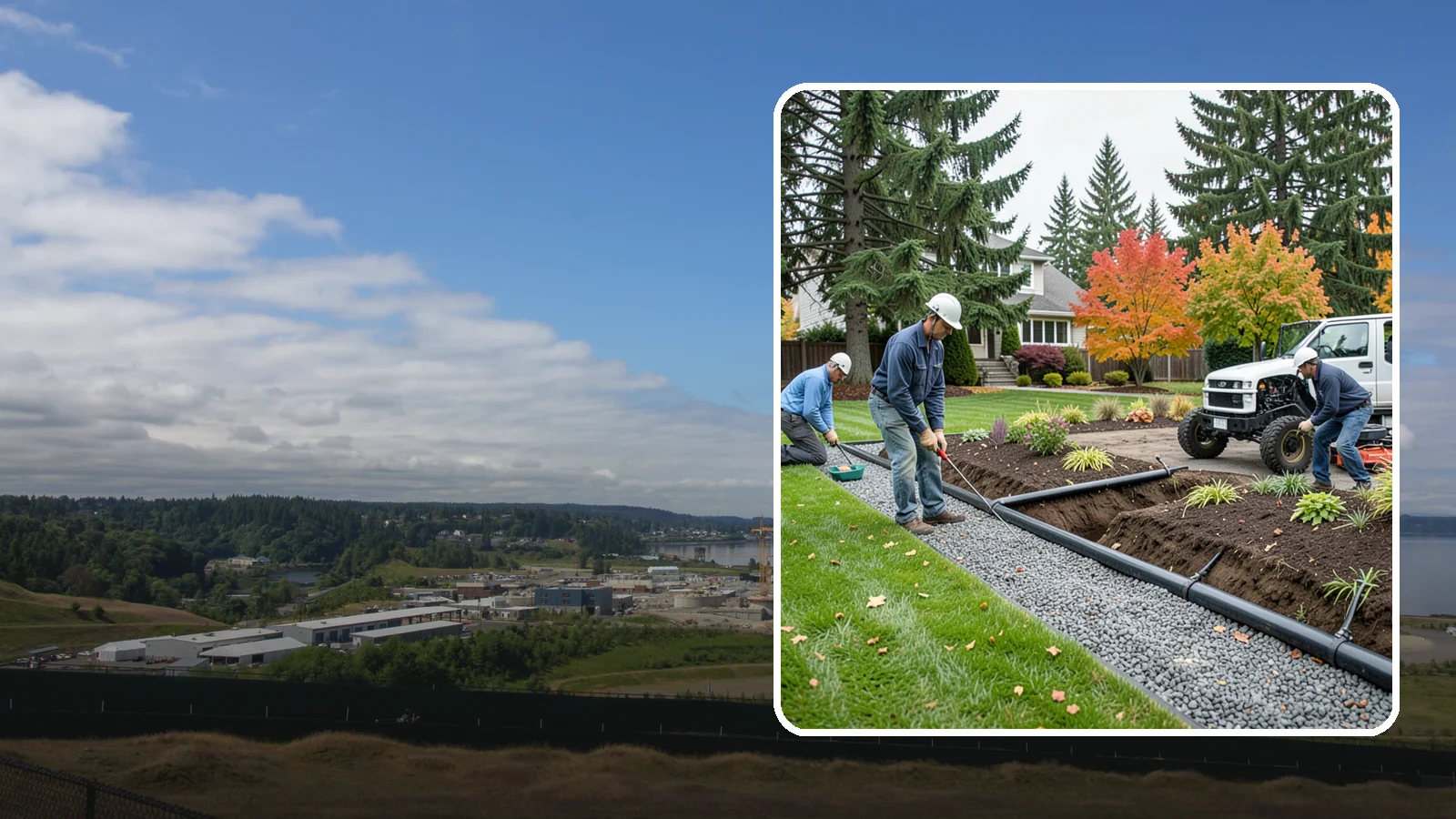 French Drain Installation in University Place, Pierce County, WA - Gravel-and-pipe French drains that collect and carry subsurface water away from wet, soggy areas.