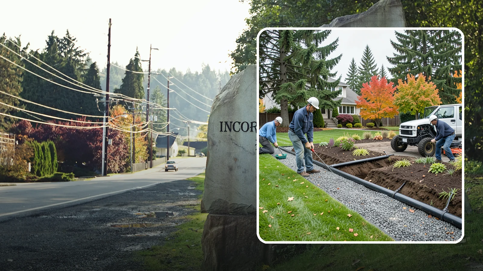 French Drain Installation in Wilkeson, Pierce County, WA - Gravel-and-pipe French drains that collect and carry subsurface water away from wet, soggy areas.