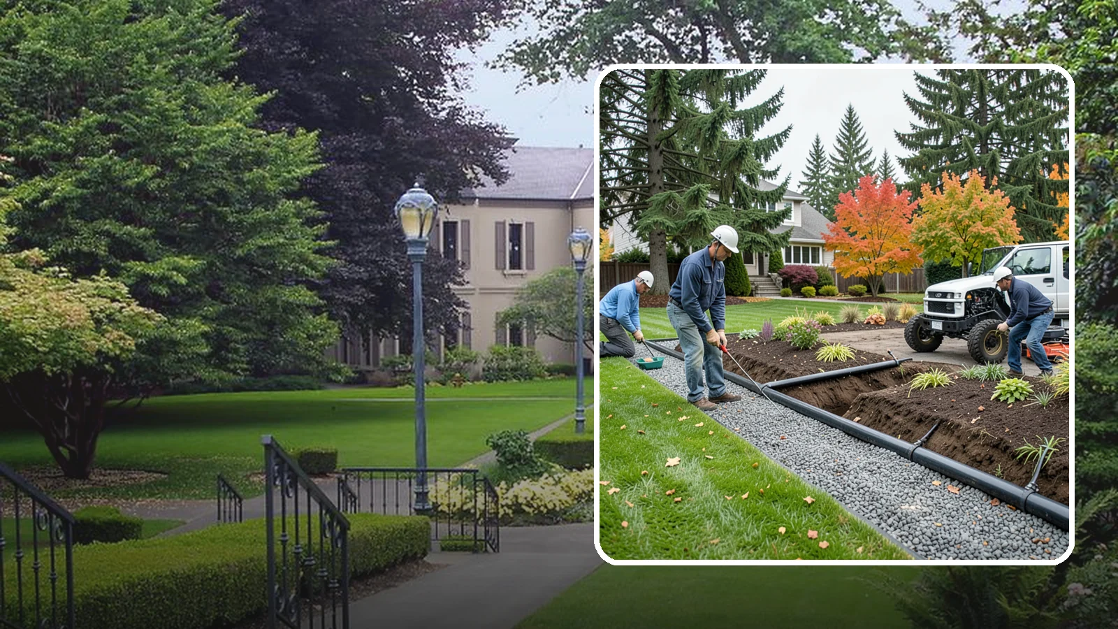 French Drain Installation in Woodinville, King County, WA - Gravel-and-pipe French drains that collect and carry subsurface water away from wet, soggy areas.