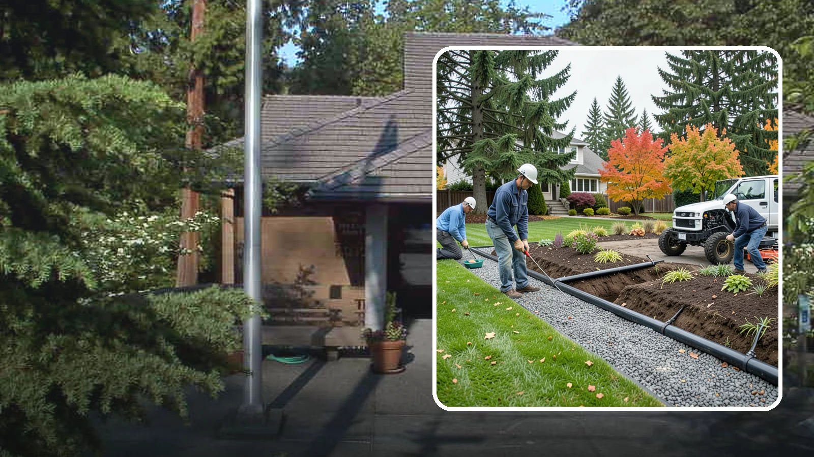 French Drain Installation in Yarrow Point, King County, WA - Gravel-and-pipe French drains that collect and carry subsurface water away from wet, soggy areas.