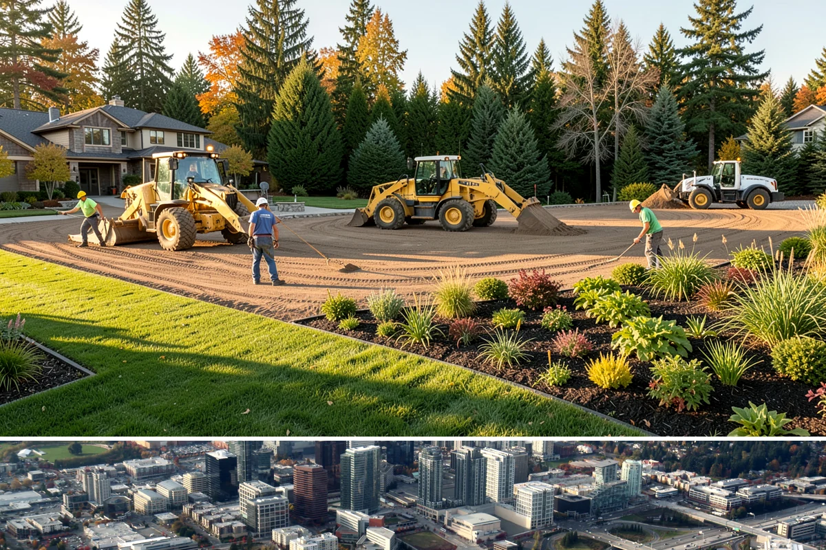 Full Landscape Installation in Bellevue, King County, WA - Spring and fall installations take advantage of the region's mild, damp weather to help new plantings and lawns establish quickly.