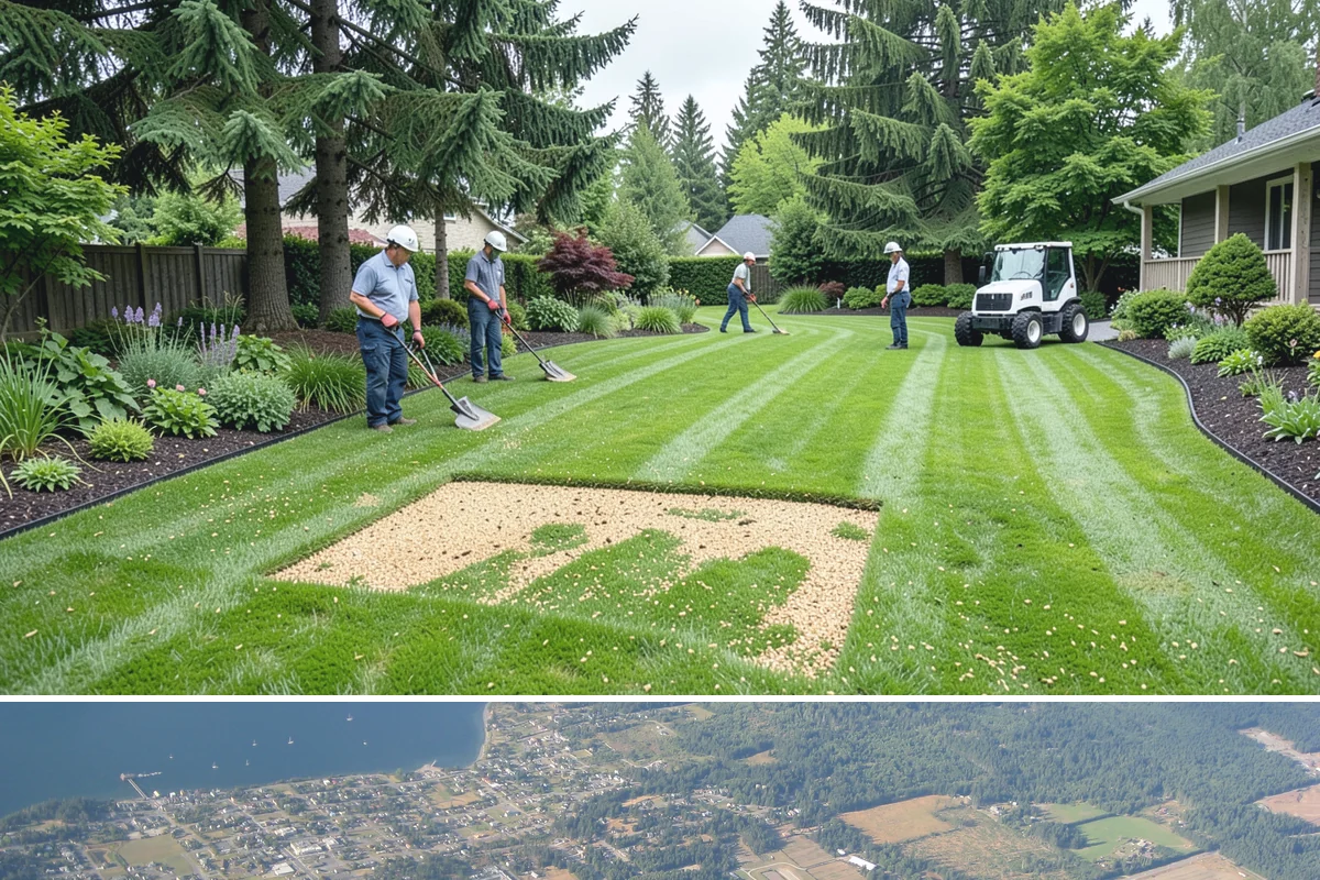Full Landscape Installation in Coupeville, Island County, WA - Spring and fall installations take advantage of the region's mild, damp weather to help new plantings and lawns establish quickly.